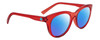 Profile View of SPY Optics Boundless Designer Polarized Sunglasses with Custom Cut Blue Mirror Lenses in Cherry Red Crystal Unisex Cat Eye Full Rim Acetate 53 mm