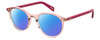 Profile View of Levi's Seasonal LV1005 Designer Polarized Sunglasses with Custom Cut Blue Mirror Lenses in Crystal Pink Plum Purple Ladies Round Full Rim Acetate 50 mm