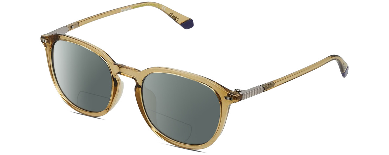 Profile View of Polaroid 2115/F/S Designer Polarized Reading Sunglasses with Custom Cut Powered Smoke Grey Lenses in Champagne Crystal Brown Navy Blue Unisex Panthos Full Rim Acetate 54 mm