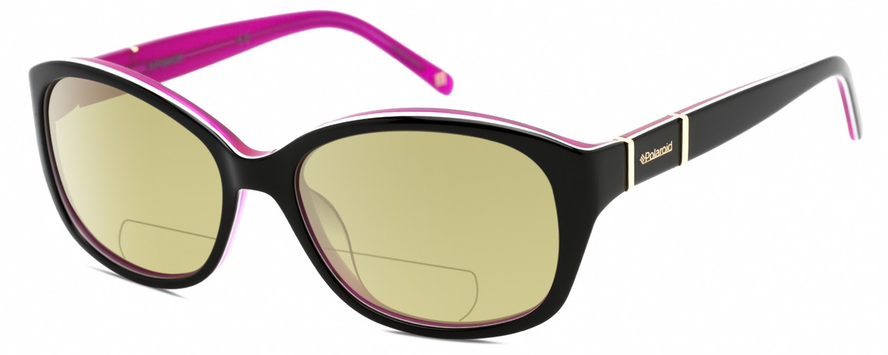 Profile View of Polaroid 4019/S Designer Polarized Reading Sunglasses with Custom Cut Powered Sun Flower Yellow Lenses in Gloss Black Magenta Purple Crystal White Gold Ladies Oval Full Rim Acetate 54 mm