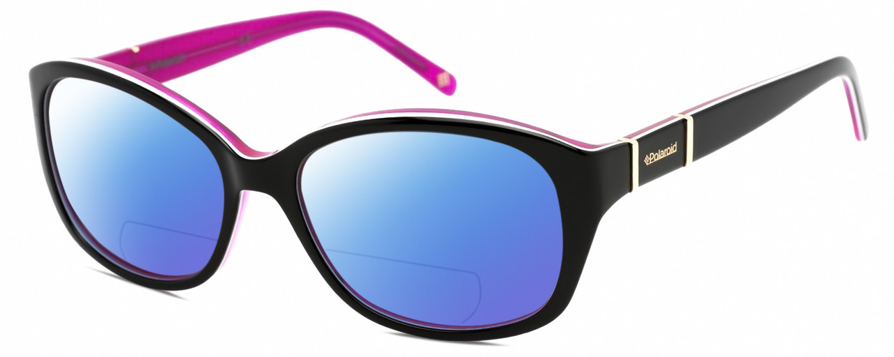 Profile View of Polaroid 4019/S Designer Polarized Reading Sunglasses with Custom Cut Powered Blue Mirror Lenses in Gloss Black Magenta Purple Crystal White Gold Ladies Oval Full Rim Acetate 54 mm