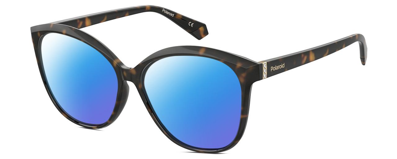 Profile View of Polaroid 4100/F/S Designer Polarized Sunglasses with Custom Cut Blue Mirror Lenses in Gloss Tortoise Havana Brown Gemstone Crystal Accents Ladies Cat Eye Full Rim Acetate 59 mm