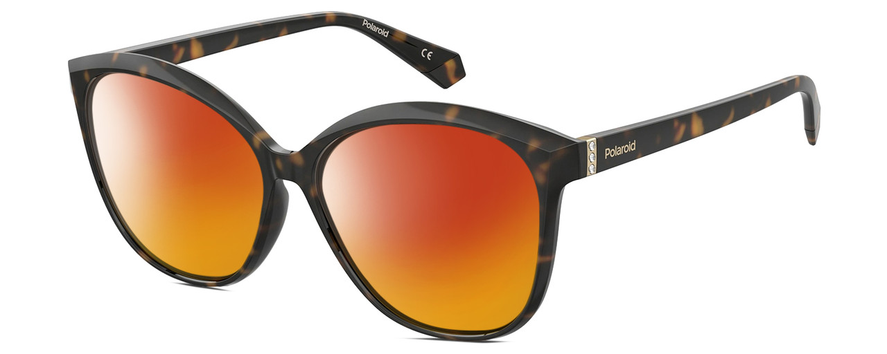 Profile View of Polaroid 4100/F/S Designer Polarized Sunglasses with Custom Cut Red Mirror Lenses in Gloss Tortoise Havana Brown Gemstone Crystal Accents Ladies Cat Eye Full Rim Acetate 59 mm