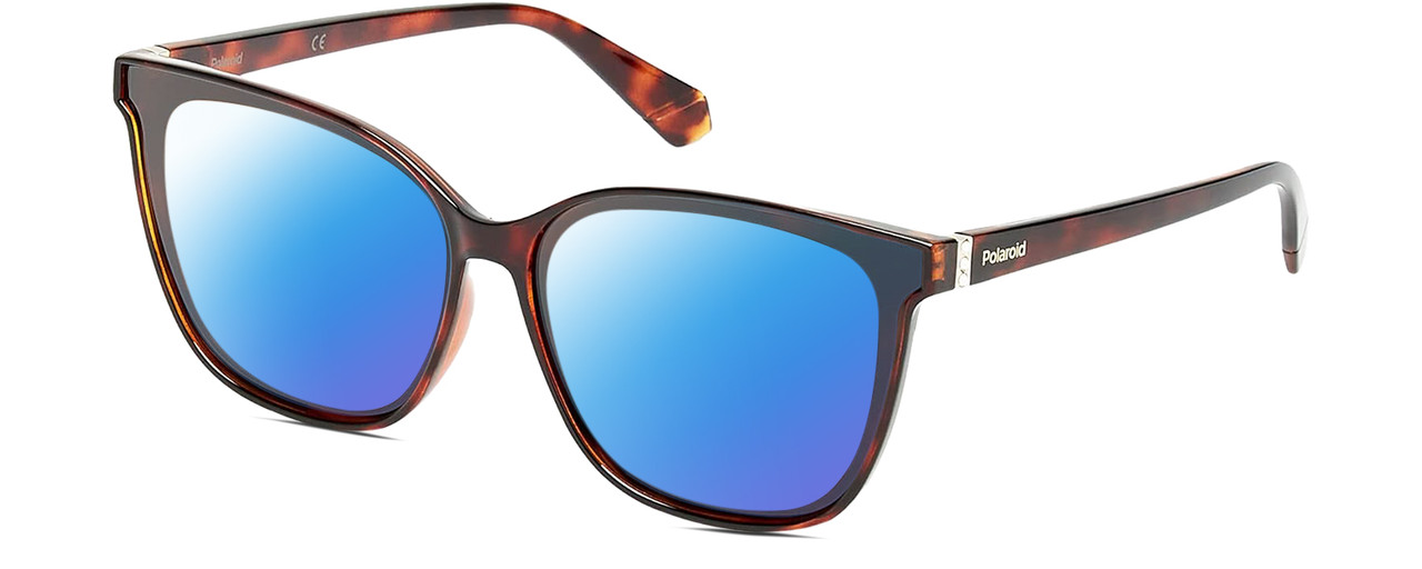 Profile View of Polaroid 4101/F/S Designer Polarized Sunglasses with Custom Cut Blue Mirror Lenses in Gloss Tortoise Havana Brown Gemstone Crystal Accents Ladies Cat Eye Full Rim Acetate 65 mm
