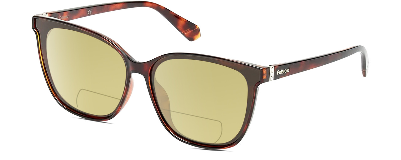 Profile View of Polaroid 4101/F/S Designer Polarized Reading Sunglasses with Custom Cut Powered Sun Flower Yellow Lenses in Gloss Tortoise Havana Brown Gemstone Crystal Accents Ladies Cat Eye Full Rim Acetate 65 mm