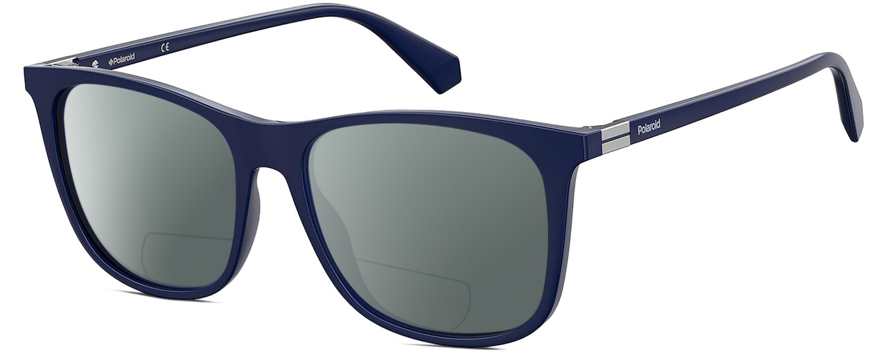 Profile View of Polaroid 6103/S/X Designer Polarized Reading Sunglasses with Custom Cut Powered Smoke Grey Lenses in Gloss Navy Blue Silver Unisex Square Full Rim Acetate 55 mm