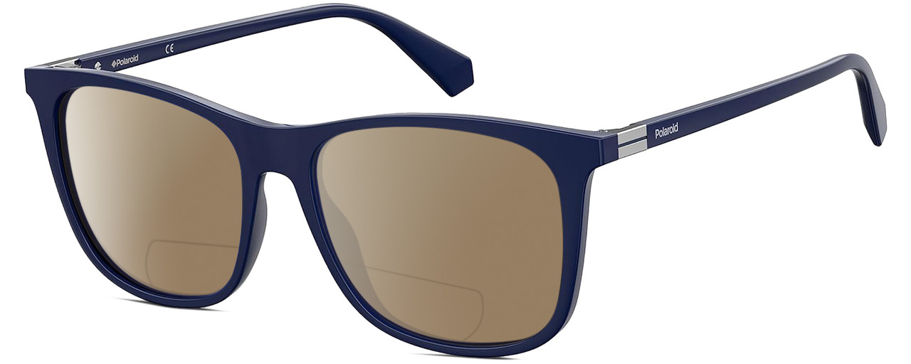 Profile View of Polaroid 6103/S/X Designer Polarized Reading Sunglasses with Custom Cut Powered Amber Brown Lenses in Gloss Navy Blue Silver Unisex Square Full Rim Acetate 55 mm