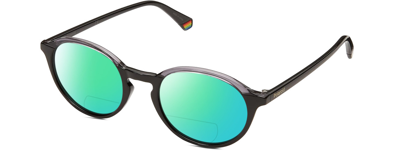 Profile View of Polaroid 6125/S Designer Polarized Reading Sunglasses with Custom Cut Powered Green Mirror Lenses in Gloss Black Grey Crystal Unisex Panthos Full Rim Acetate 50 mm