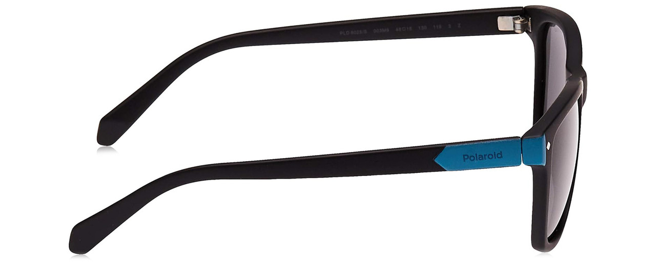 Side View of Polaroid Kids 8025/S Unisex Designer Sunglasses in Black Blue/Polarize Grey 48mm