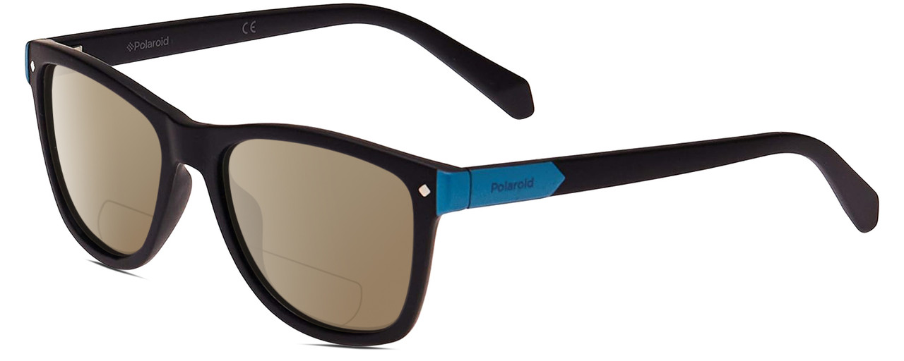Profile View of Polaroid Kids 8025/S Designer Polarized Reading Sunglasses with Custom Cut Powered Amber Brown Lenses in Matte Black Blue Unisex Panthos Full Rim Acetate 48 mm