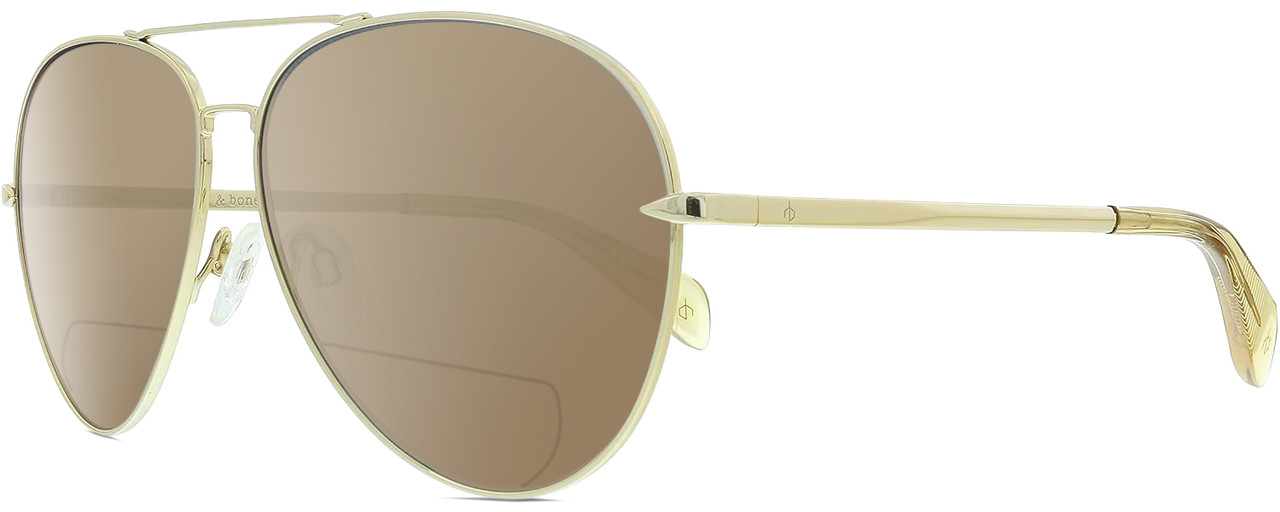 Profile View of Rag&Bone 1006 Designer Polarized Reading Sunglasses with Custom Cut Powered Amber Brown Lenses in Gold Yellow Crystal Ladies Pilot Full Rim Metal 59 mm