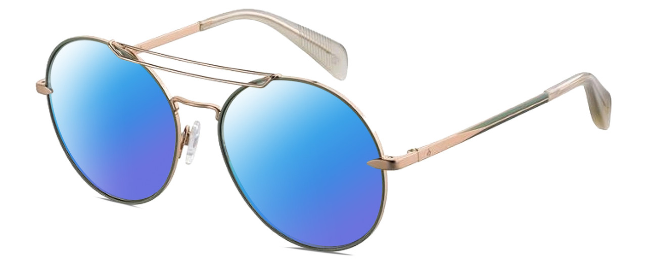 Profile View of Rag&Bone 1011 Designer Polarized Sunglasses with Custom Cut Blue Mirror Lenses in Rose Gold Green Grey Crystal Ladies Pilot Full Rim Metal 59 mm