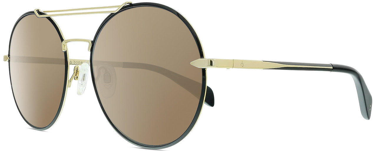 Profile View of Rag&Bone 1011 Designer Polarized Sunglasses with Custom Cut Amber Brown Lenses in Gold Black Ladies Pilot Full Rim Metal 59 mm