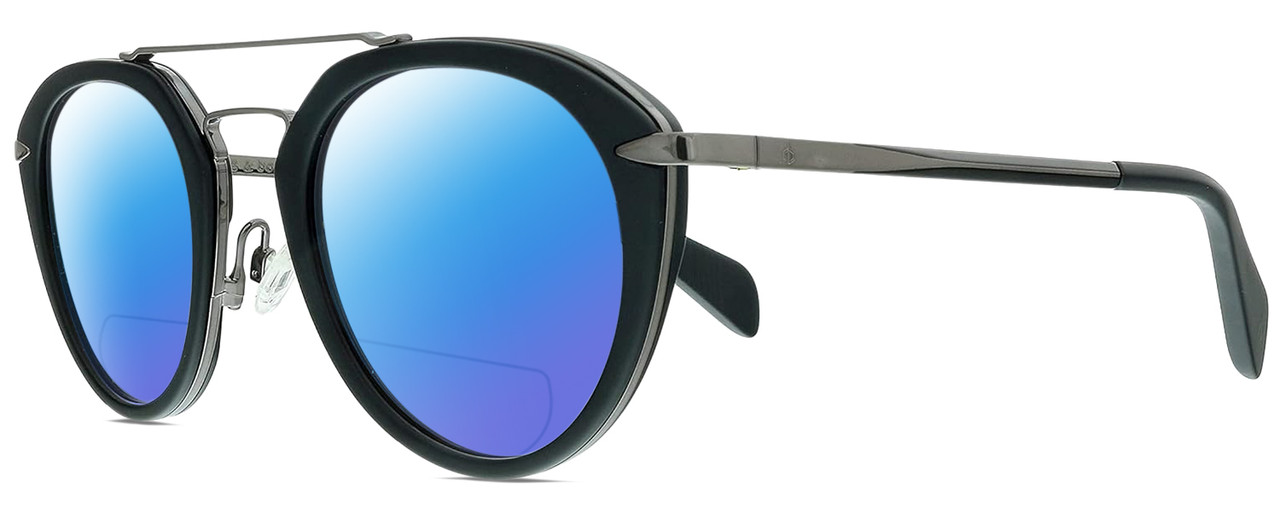 Profile View of Rag&Bone 1017 Designer Polarized Reading Sunglasses with Custom Cut Powered Blue Mirror Lenses in Matte Black Gunmetal Ladies Pilot Full Rim Metal 49 mm