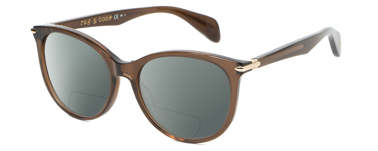 Profile View of Rag&Bone 1020 Designer Polarized Reading Sunglasses with Custom Cut Powered Smoke Grey Lenses in Dark Brown Crystal Gold Ladies Cat Eye Full Rim Acetate 54 mm