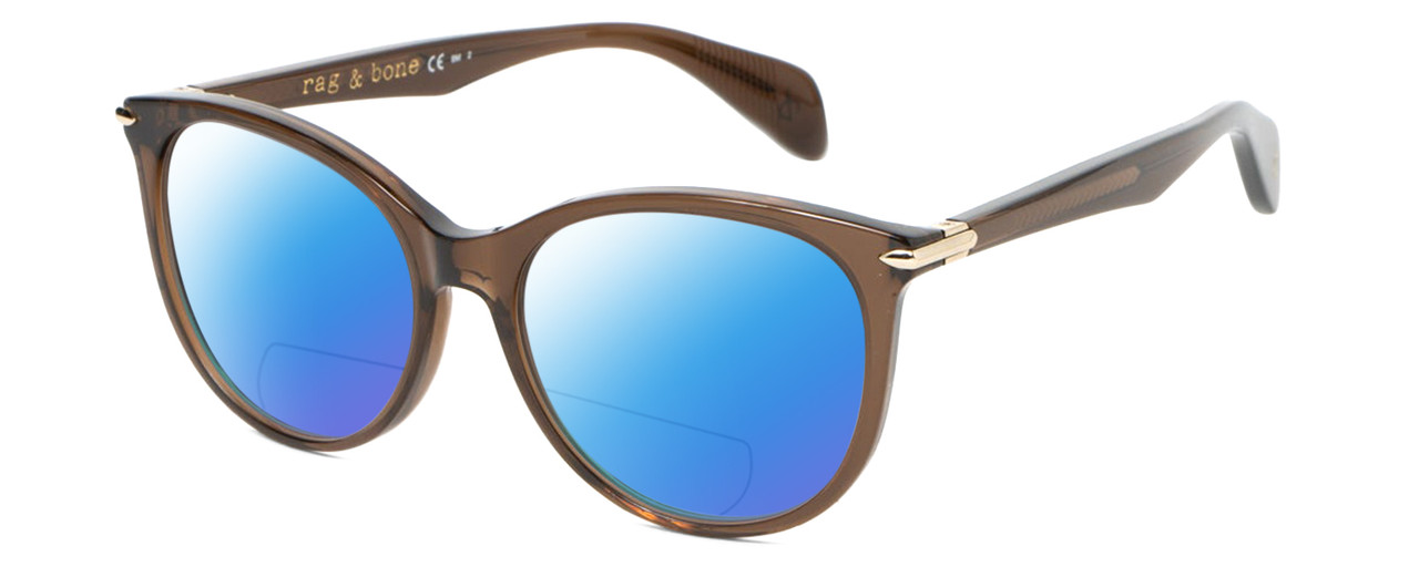 Profile View of Rag&Bone 1020 Designer Polarized Reading Sunglasses with Custom Cut Powered Blue Mirror Lenses in Dark Brown Crystal Gold Ladies Cat Eye Full Rim Acetate 54 mm