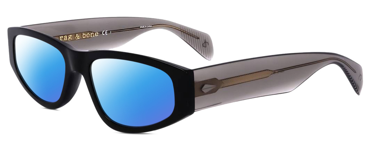 Profile View of Rag&Bone 1047 Designer Polarized Sunglasses with Custom Cut Blue Mirror Lenses in Black Grey Crystal Unisex Oval Full Rim Acetate 55 mm
