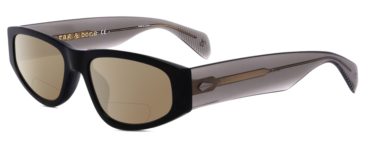Profile View of Rag&Bone 1047 Designer Polarized Reading Sunglasses with Custom Cut Powered Amber Brown Lenses in Black Grey Crystal Unisex Oval Full Rim Acetate 55 mm