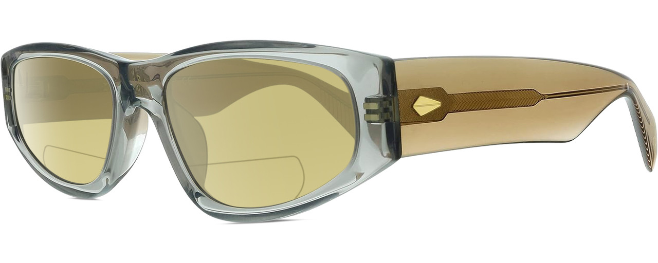 Profile View of Rag&Bone 1047 Designer Polarized Reading Sunglasses with Custom Cut Powered Sun Flower Yellow Lenses in Crystal Grey Beige Brown Ladies Oval Full Rim Acetate 55 mm