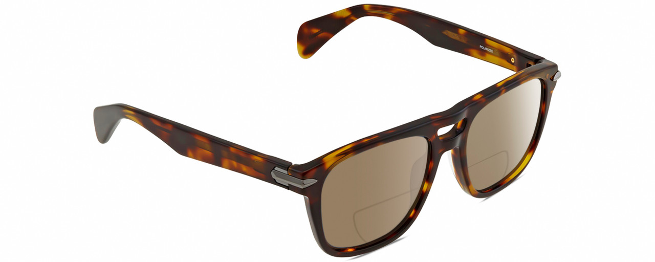 Profile View of Rag&Bone 5005 Designer Polarized Reading Sunglasses with Custom Cut Powered Amber Brown Lenses in Dark Havana Tortoise Brown Gold Unisex Pilot Full Rim Acetate 53 mm