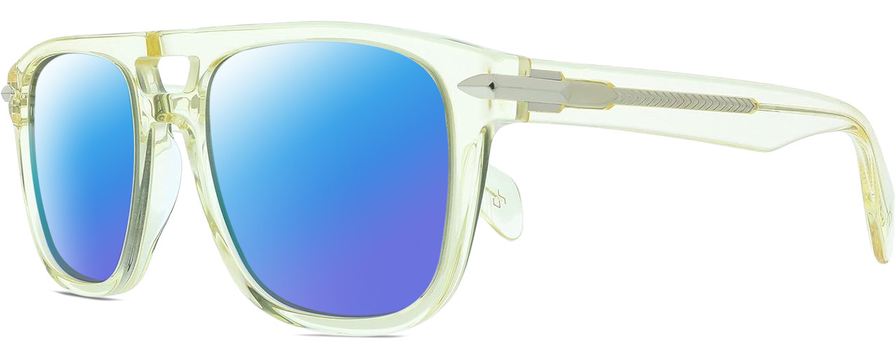 Profile View of Rag&Bone 5005 Designer Polarized Sunglasses with Custom Cut Blue Mirror Lenses in Crystal Yellow Gold Unisex Pilot Full Rim Acetate 53 mm