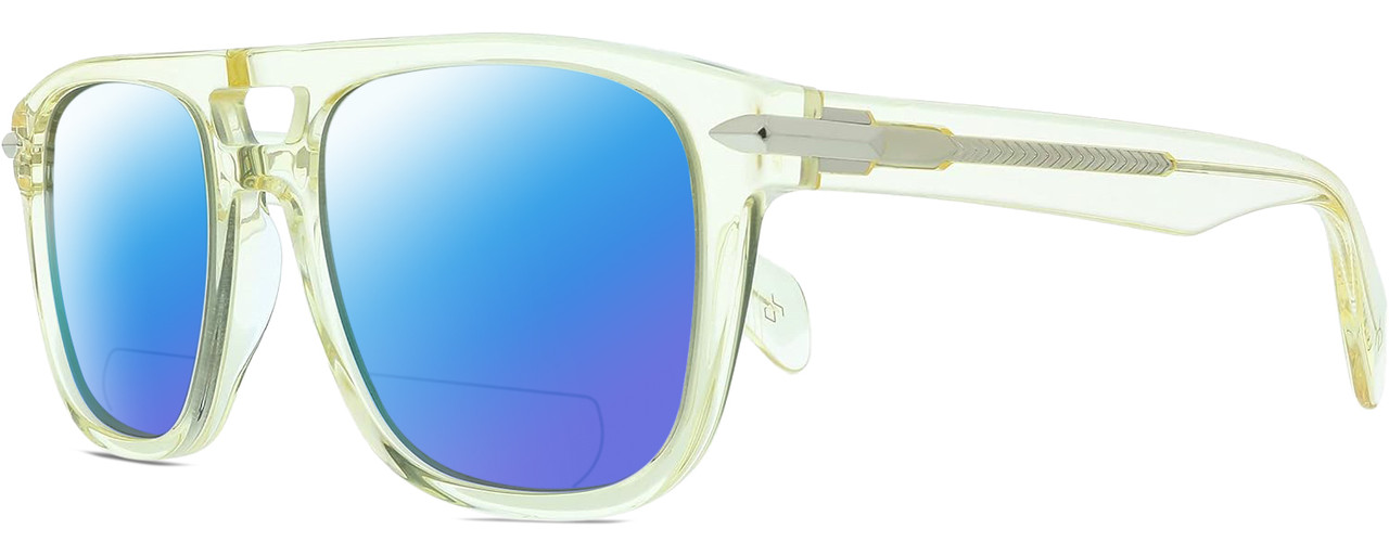 Profile View of Rag&Bone 5005 Designer Polarized Reading Sunglasses with Custom Cut Powered Blue Mirror Lenses in Crystal Yellow Gold Unisex Pilot Full Rim Acetate 53 mm