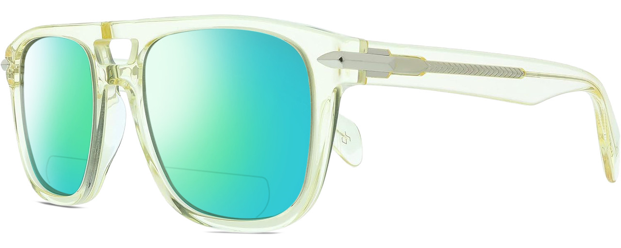 Profile View of Rag&Bone 5005 Designer Polarized Reading Sunglasses with Custom Cut Powered Green Mirror Lenses in Crystal Yellow Gold Unisex Pilot Full Rim Acetate 53 mm