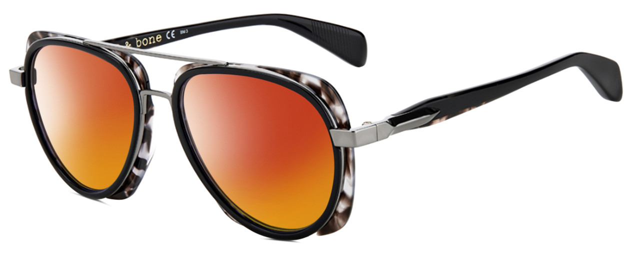 Profile View of Rag&Bone 5035 Designer Polarized Sunglasses with Custom Cut Red Mirror Lenses in Black Gunmetal Grey Horn Marble Unisex Pilot Full Rim Acetate 55 mm