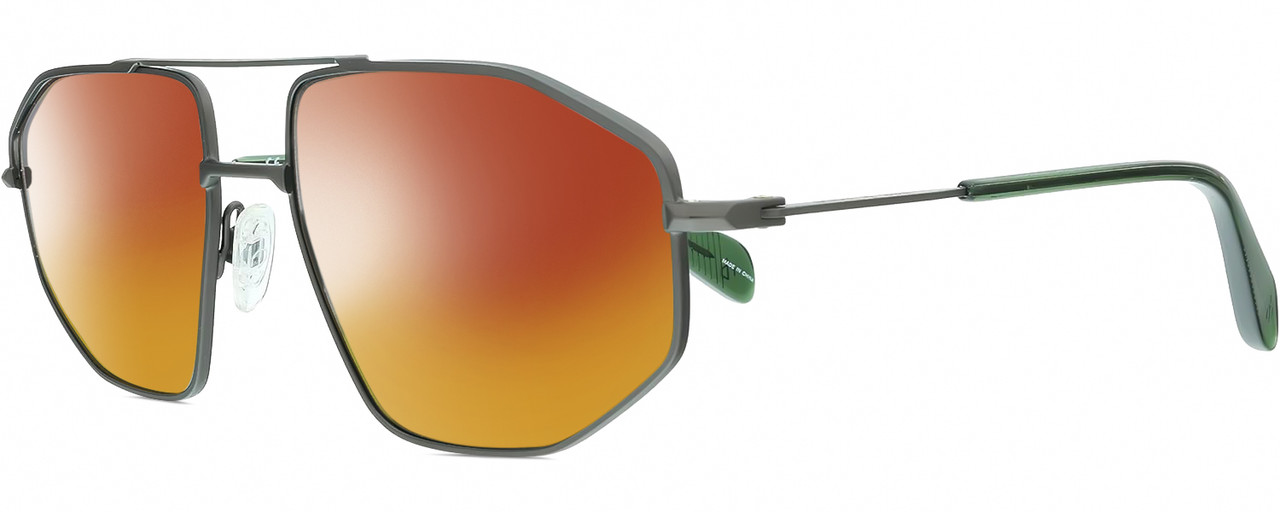 Profile View of Rag&Bone 5036 Designer Polarized Sunglasses with Custom Cut Red Mirror Lenses in Satin Ruthenium Silver Green Crystal Mens Pilot Full Rim Metal 57 mm