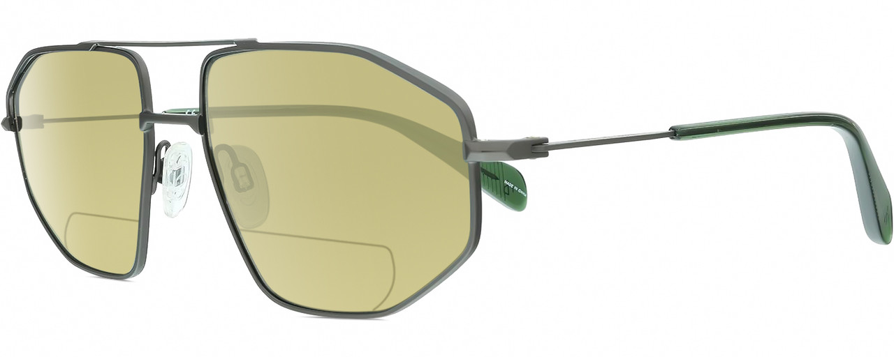 Profile View of Rag&Bone 5036 Designer Polarized Reading Sunglasses with Custom Cut Powered Sun Flower Yellow Lenses in Satin Ruthenium Silver Green Crystal Mens Pilot Full Rim Metal 57 mm