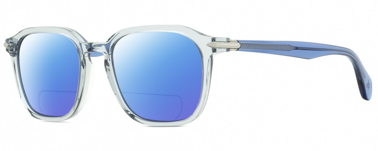 Profile View of Rag&Bone 5034 Parker Designer Polarized Reading Sunglasses with Custom Cut Powered Blue Mirror Lenses in Crystal Blue Grey Unisex Square Full Rim Acetate 52 mm