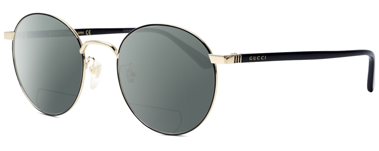 Profile View of GUCCI GG0297OK-003 Designer Polarized Reading Sunglasses with Custom Cut Powered Smoke Grey Lenses in Gloss Black Gold Ladies Round Full Rim Metal 52 mm