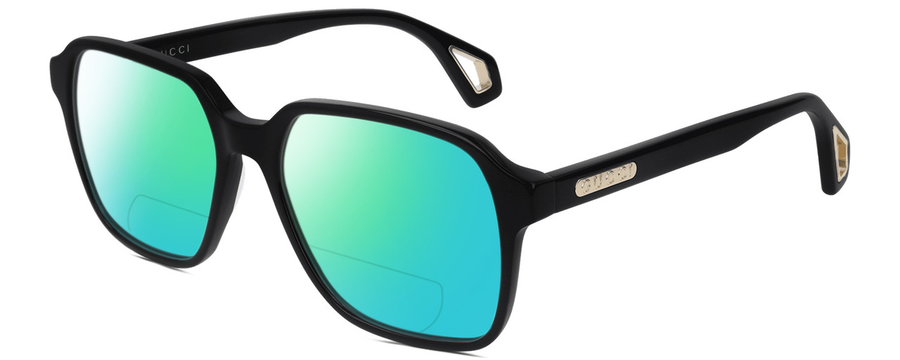 Profile View of GUCCI GG0469O-001 Designer Polarized Reading Sunglasses with Custom Cut Powered Green Mirror Lenses in Gloss Black Gold Unisex Square Full Rim Acetate 56 mm