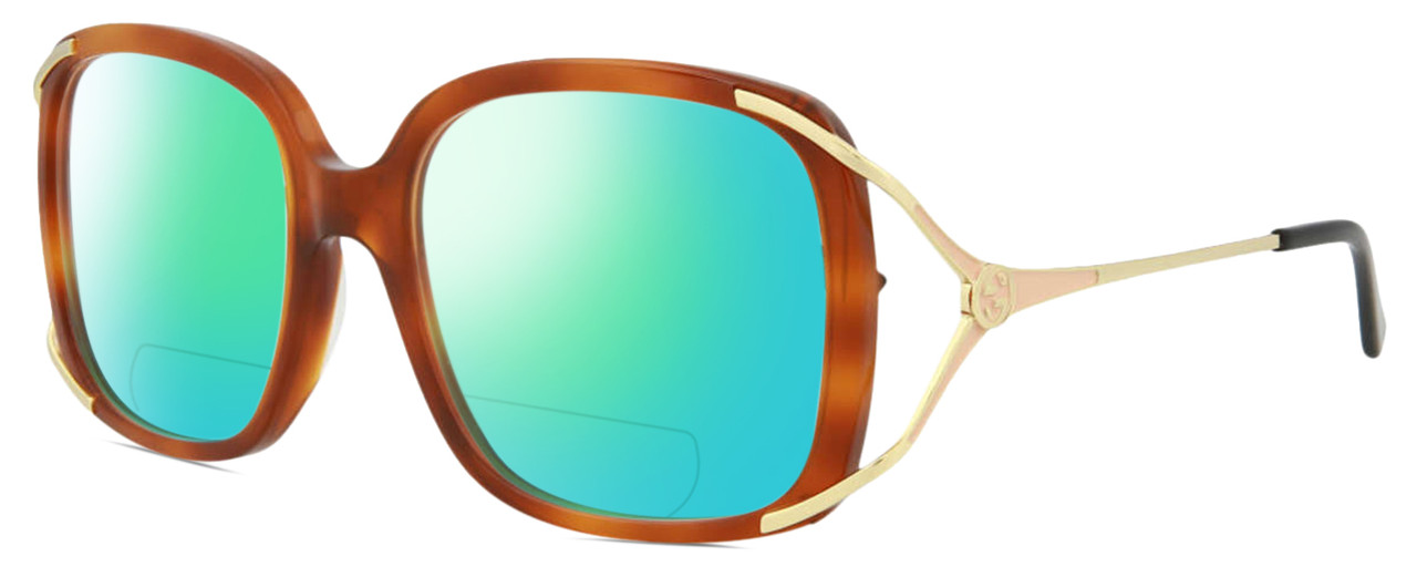 Profile View of GUCCI GG0648O-003 Designer Polarized Reading Sunglasses with Custom Cut Powered Green Mirror Lenses in Auburn Brown Havana Gold Black Ladies Square Full Rim Acetate 55 mm