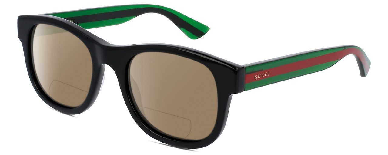 Profile View of GUCCI GG0003SN-006 Designer Polarized Reading Sunglasses with Custom Cut Powered Amber Brown Lenses in Gloss Black Green Crystal Red Unisex Panthos Full Rim Acetate 52 mm