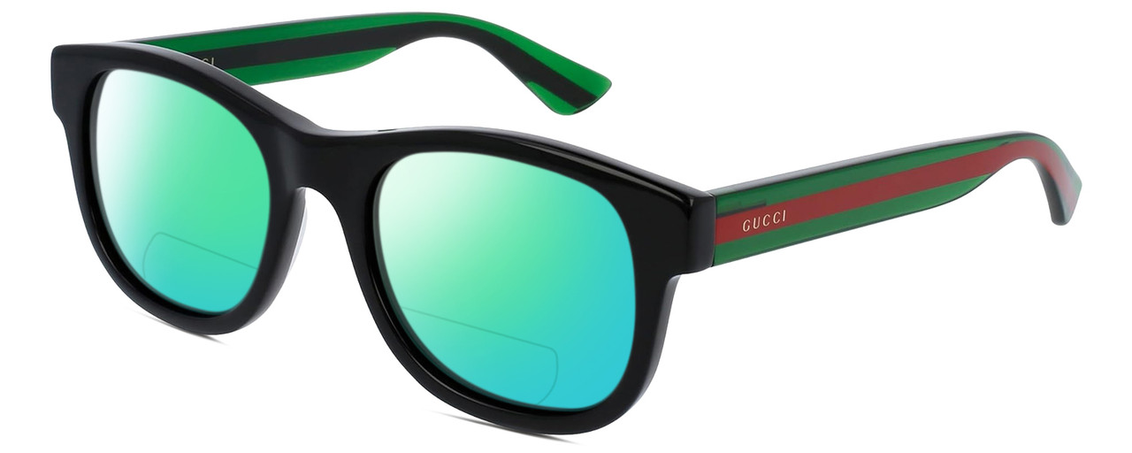 Profile View of GUCCI GG0003SN-006 Designer Polarized Reading Sunglasses with Custom Cut Powered Green Mirror Lenses in Gloss Black Green Crystal Red Unisex Panthos Full Rim Acetate 52 mm