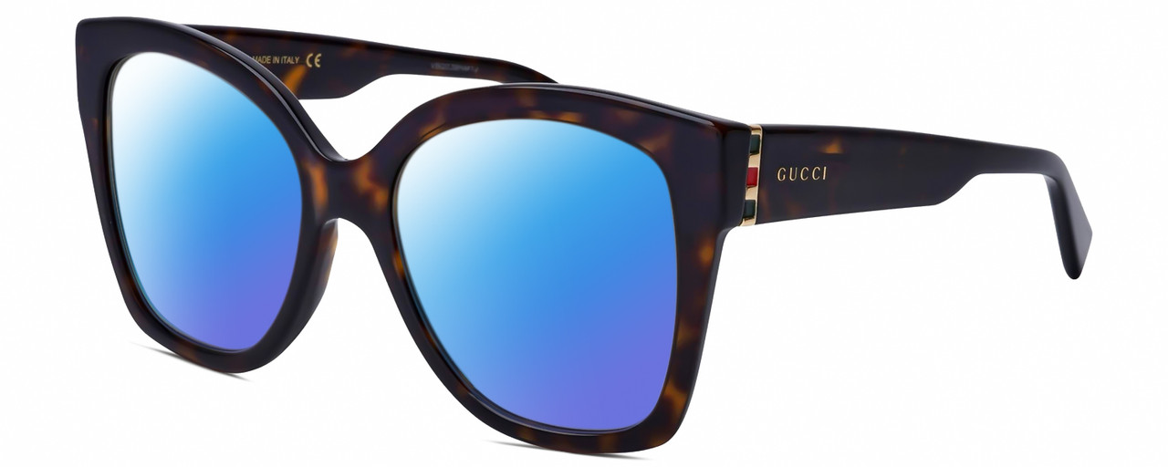 Profile View of GUCCI GG0459S-002 Designer Polarized Sunglasses with Custom Cut Blue Mirror Lenses in Dark Brown Havana Tortoise Gold Ladies Cateye Full Rim Acetate 54 mm