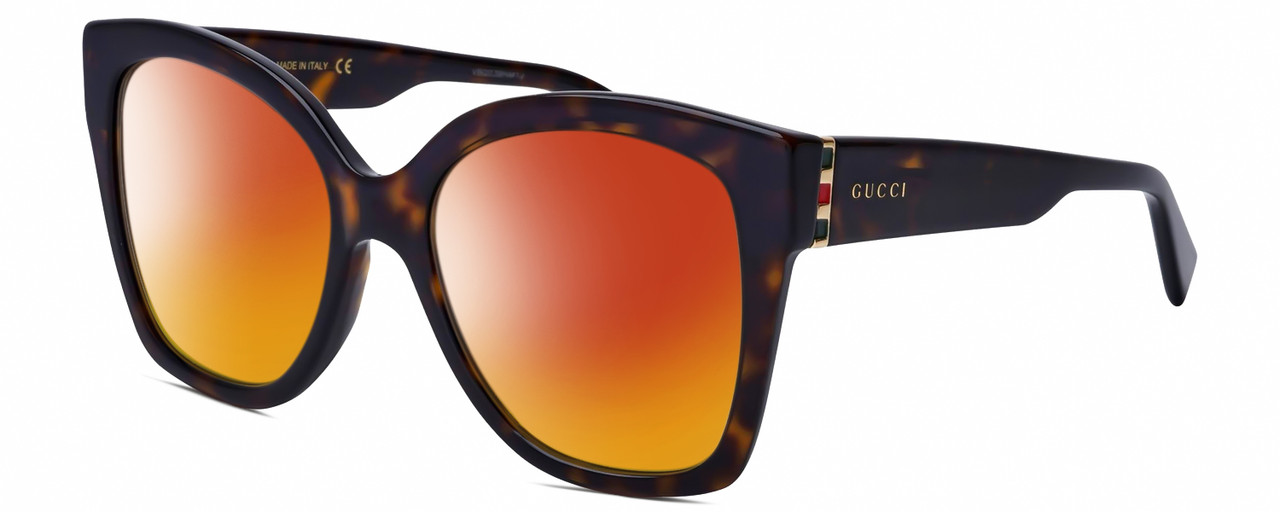 Profile View of GUCCI GG0459S-002 Designer Polarized Sunglasses with Custom Cut Red Mirror Lenses in Dark Brown Havana Tortoise Gold Ladies Cateye Full Rim Acetate 54 mm