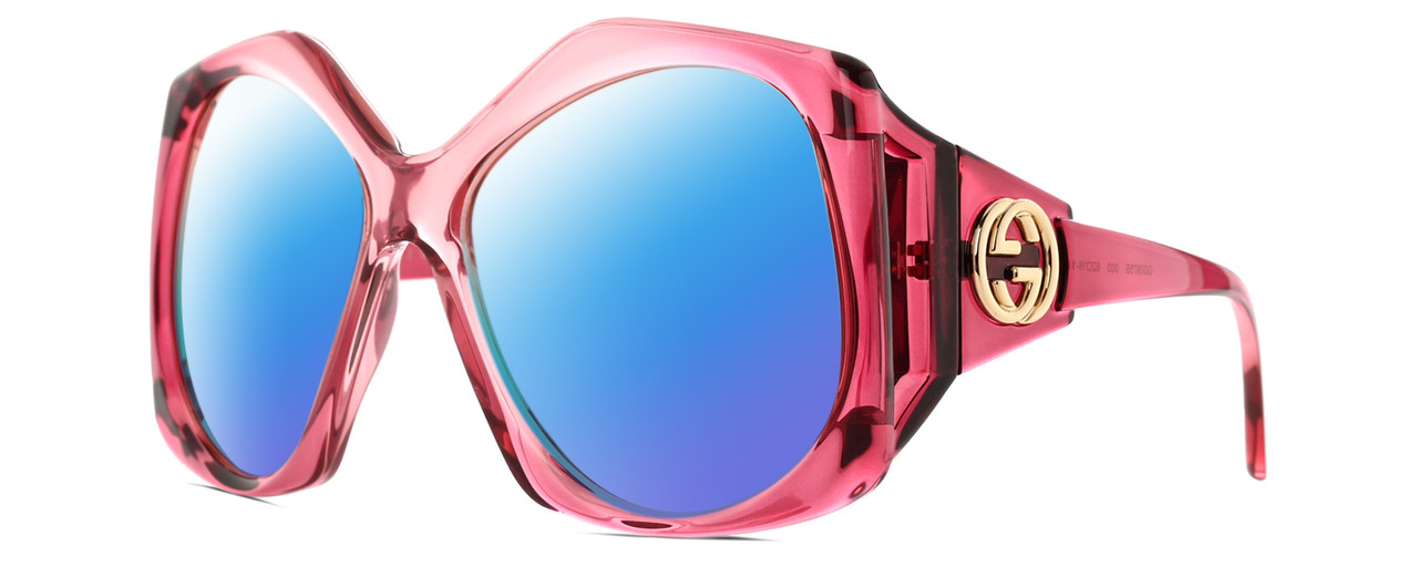 Profile View of GUCCI GG0875S-003 Designer Polarized Sunglasses with Custom Cut Blue Mirror Lenses in Burgundy Pink Crystal Ladies Oversized Full Rim Acetate 62 mm