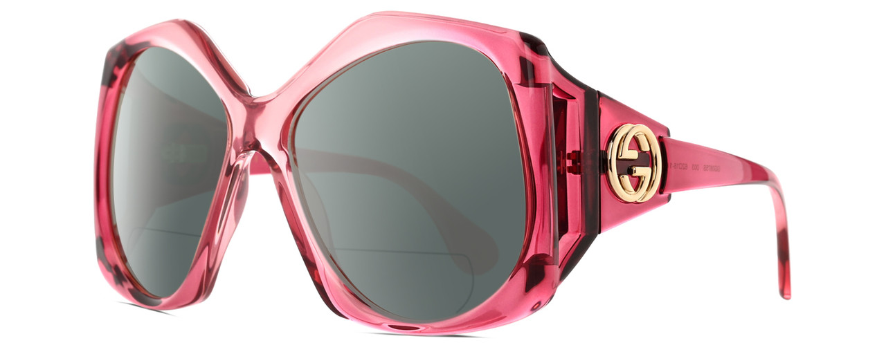 Profile View of GUCCI GG0875S-003 Designer Polarized Reading Sunglasses with Custom Cut Powered Smoke Grey Lenses in Burgundy Pink Crystal Ladies Oversized Full Rim Acetate 62 mm