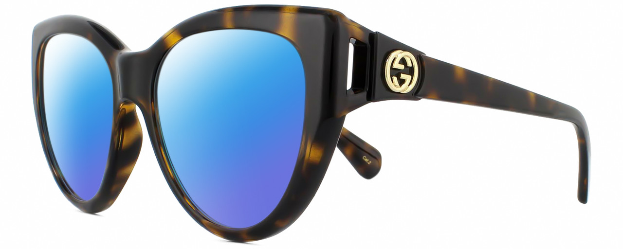 Profile View of GUCCI GG0877S-002 Designer Polarized Sunglasses with Custom Cut Blue Mirror Lenses in Dark Brown Havana Tortoise Gold Ladies Cat Eye Full Rim Acetate 56 mm