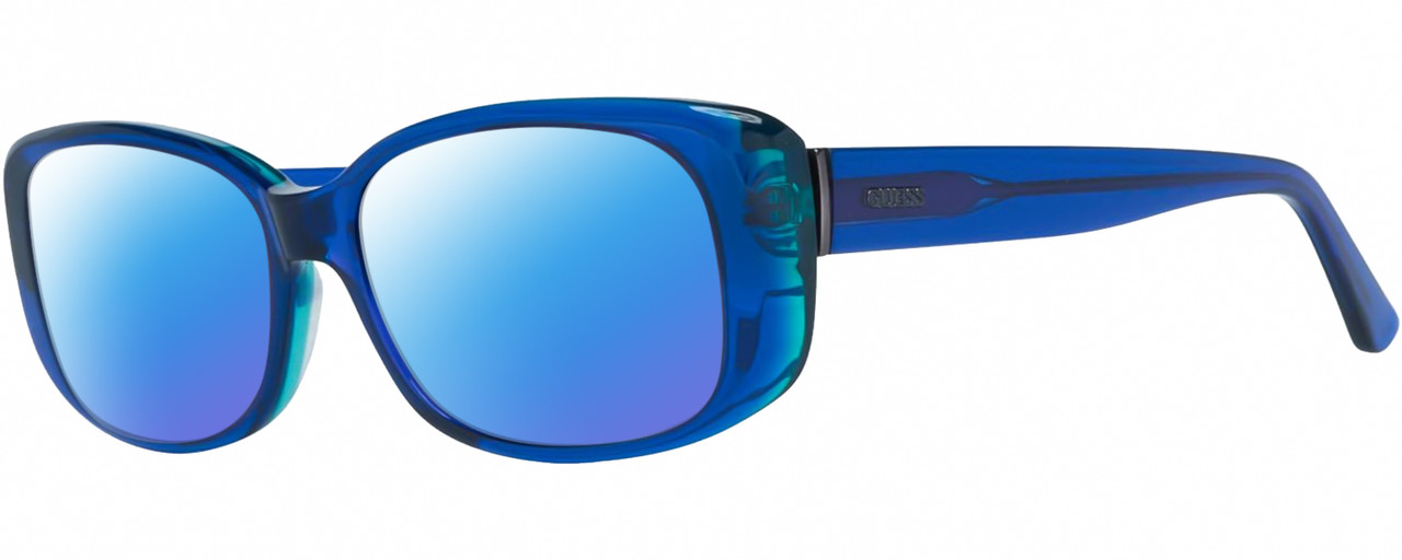 Profile View of GUESS GU7408-90X Designer Polarized Sunglasses with Custom Cut Blue Mirror Lenses in Royal Blue Teal Green Crystal Ladies Rectangular Full Rim Acetate 52 mm