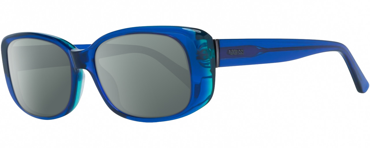 Profile View of GUESS GU7408-90X Designer Polarized Sunglasses with Custom Cut Smoke Grey Lenses in Royal Blue Teal Green Crystal Ladies Rectangular Full Rim Acetate 52 mm