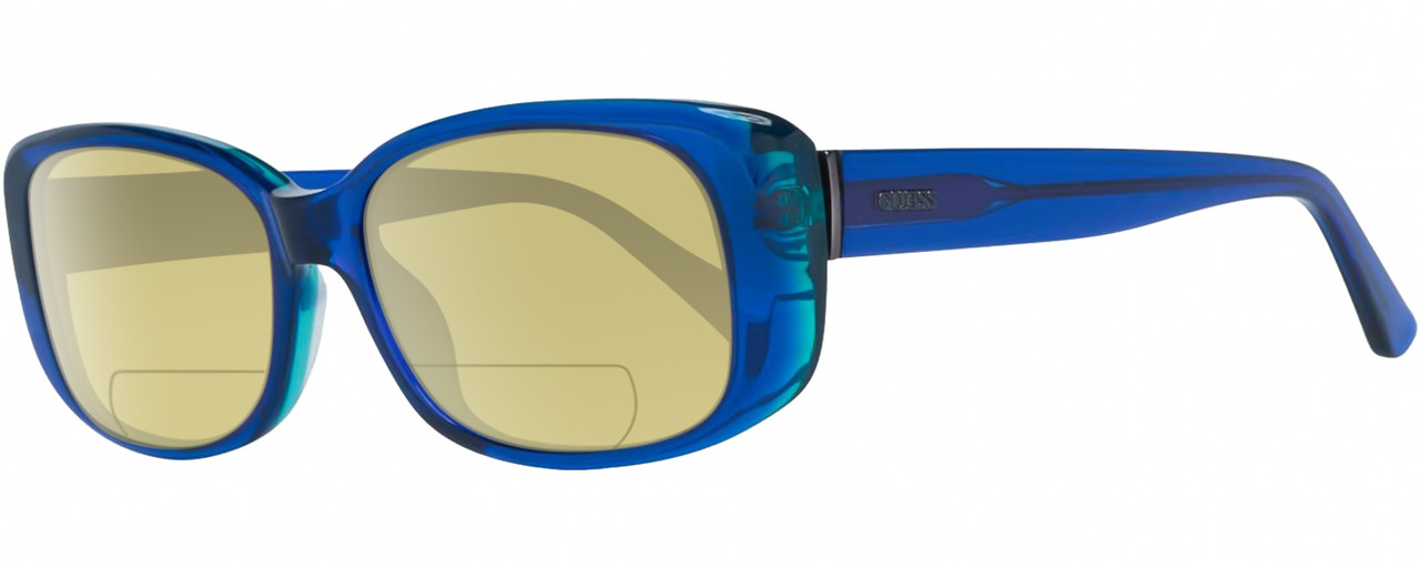 Profile View of GUESS GU7408-90X Designer Polarized Reading Sunglasses with Custom Cut Powered Sun Flower Yellow Lenses in Royal Blue Teal Green Crystal Ladies Rectangular Full Rim Acetate 52 mm