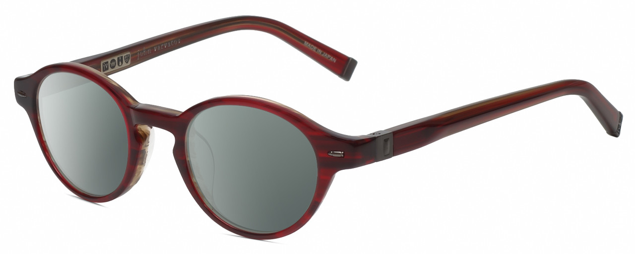 Profile View of John Varvatos V356 Designer Polarized Sunglasses with Custom Cut Smoke Grey Lenses in Crystal Red Marble Unisex Round Full Rim Acetate 43 mm