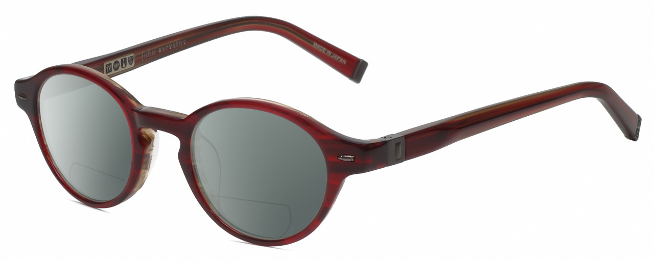 Profile View of John Varvatos V356 Designer Polarized Reading Sunglasses with Custom Cut Powered Smoke Grey Lenses in Crystal Red Marble Unisex Round Full Rim Acetate 43 mm