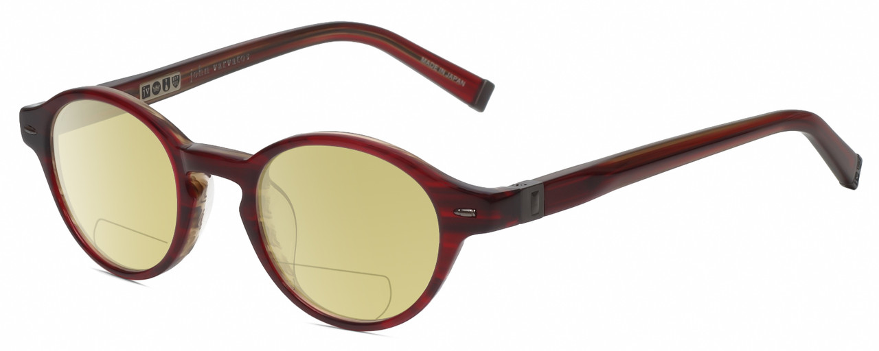 Profile View of John Varvatos V356 Designer Polarized Reading Sunglasses with Custom Cut Powered Sun Flower Yellow Lenses in Crystal Red Marble Unisex Round Full Rim Acetate 43 mm