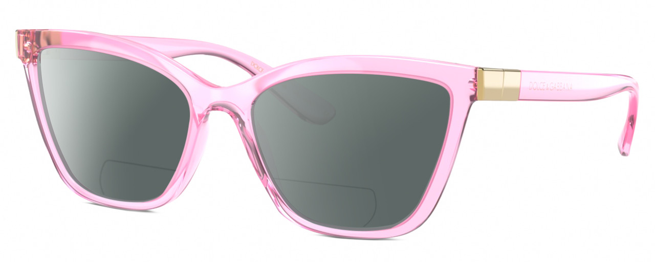 Profile View of Dolce&Gabbana DG5076 Designer Polarized Reading Sunglasses with Custom Cut Powered Smoke Grey Lenses in Shiny Pink Crystal Gold Ladies Cat Eye Full Rim Acetate 55 mm