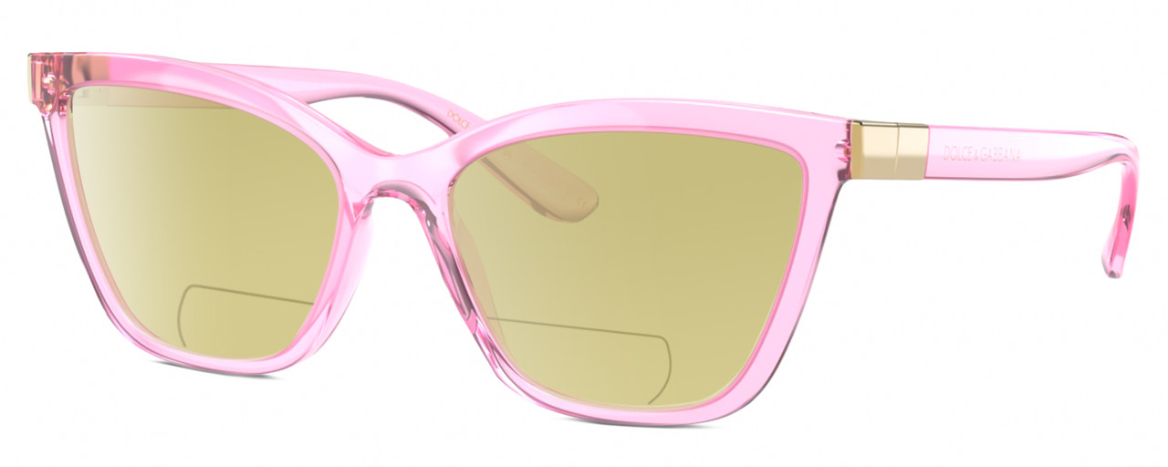 Profile View of Dolce&Gabbana DG5076 Designer Polarized Reading Sunglasses with Custom Cut Powered Sun Flower Yellow Lenses in Shiny Pink Crystal Gold Ladies Cat Eye Full Rim Acetate 55 mm