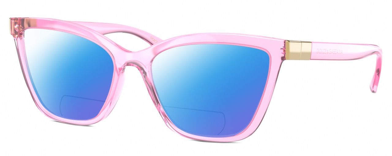 Profile View of Dolce&Gabbana DG5076 Designer Polarized Reading Sunglasses with Custom Cut Powered Blue Mirror Lenses in Shiny Pink Crystal Gold Ladies Cat Eye Full Rim Acetate 55 mm